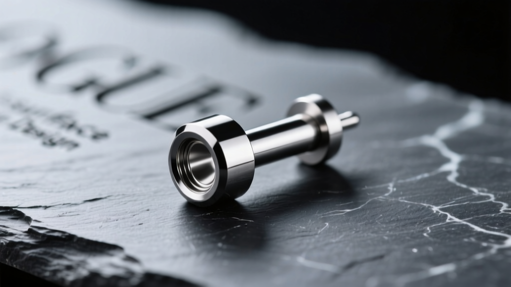 Close-up macro photography of a threadless 18-gauge implant-grade titanium flat-back labret resting on a dark slate surface