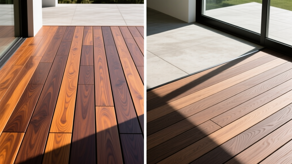Split-screen deck showing rich Ipe hardwood boards on the left and capped composite non wood deck material on the right
