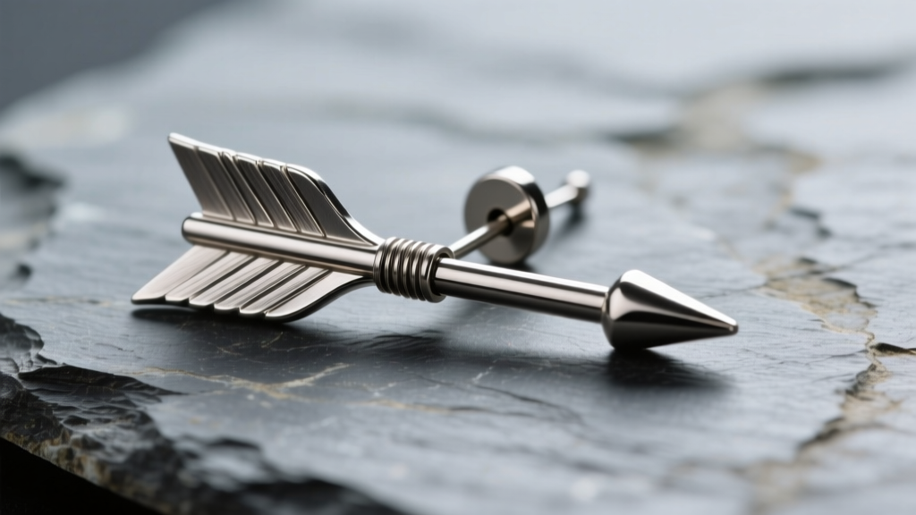 Macro view of a titanium arrow earring on slate, showing internal threading and polished fletching under studio lighting.