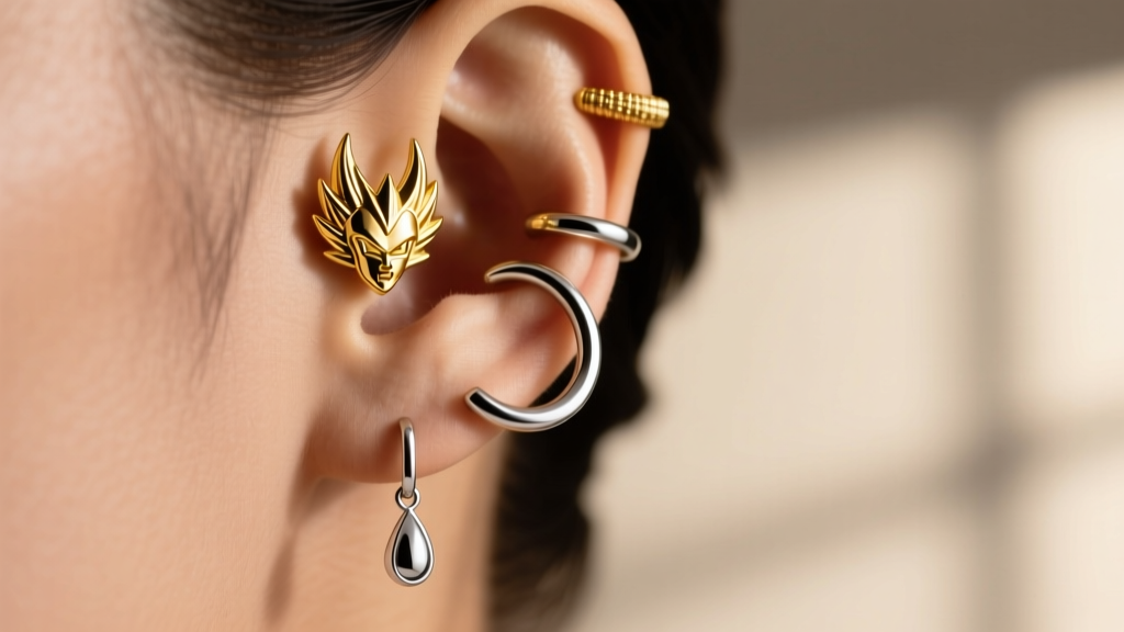 Close up of ear stack featuring a gold Saiyan crest helix stud, a minimalist hoop, and a lobe wearing a Potara style drop earring