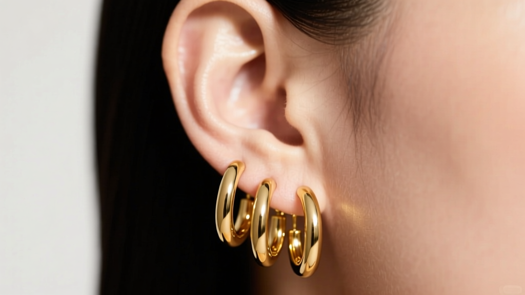 Close-up of an ear with three seamless 14k yellow gold hoop earrings cascading down the lobe, illuminated by soft studio lighting