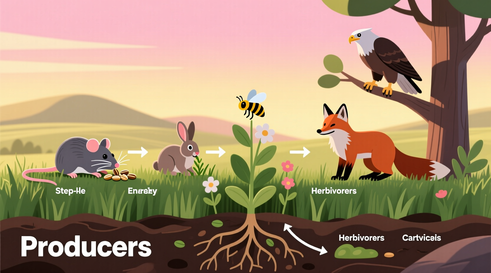 Step-by-step food web diagram showing producers and consumers