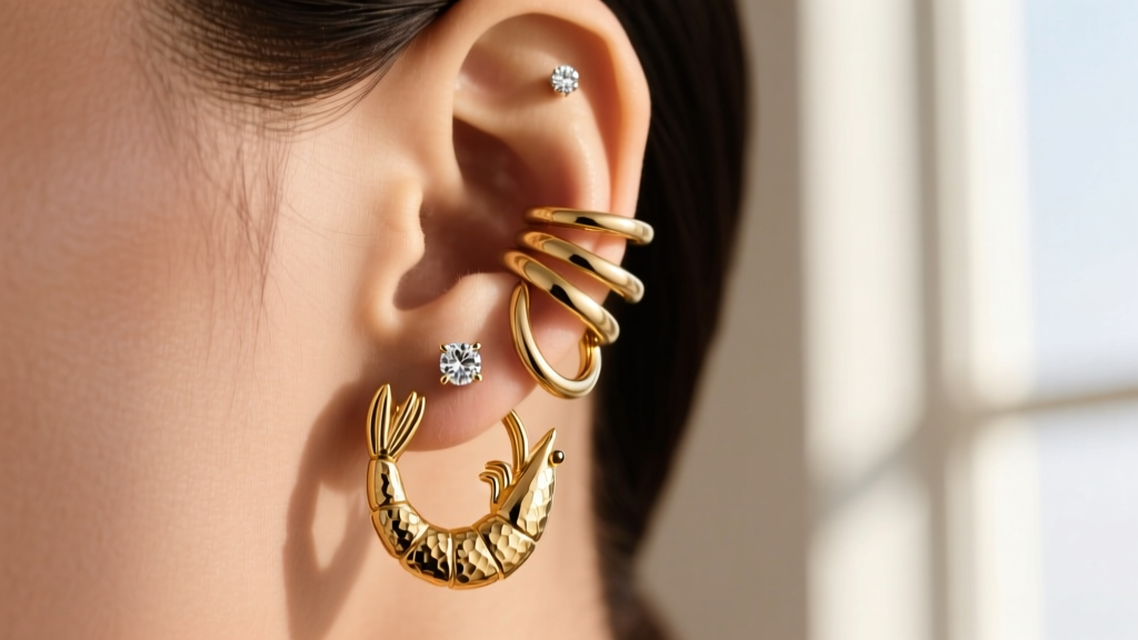 Ear stack featuring a textured 14k gold shrimp huggie on the first piercing, paired with a smooth mini hoop and a diamond stud.