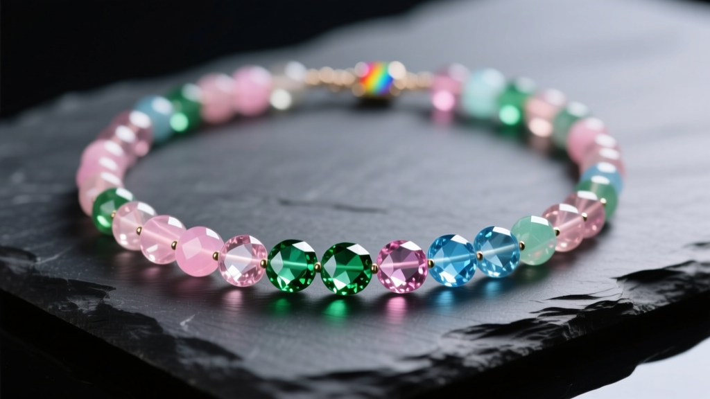 Rainbow tourmaline beaded necklace on dark slate, showing translucent pink, green, and blue gems under soft studio lighting.