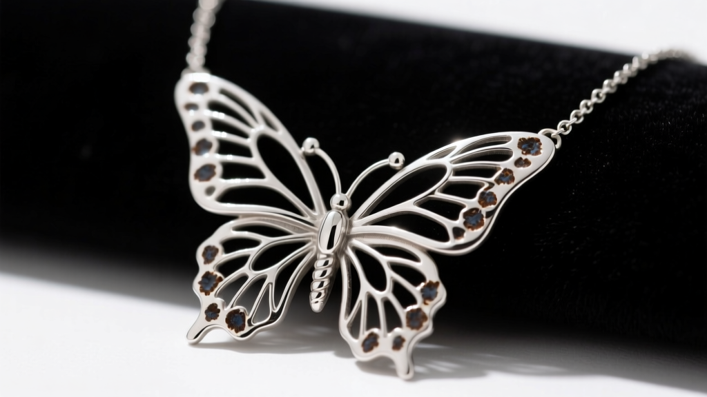 Tarnished .925 sterling silver butterfly necklace on dark velvet, highlighting intricate wing filigree and dark oxidation spots.