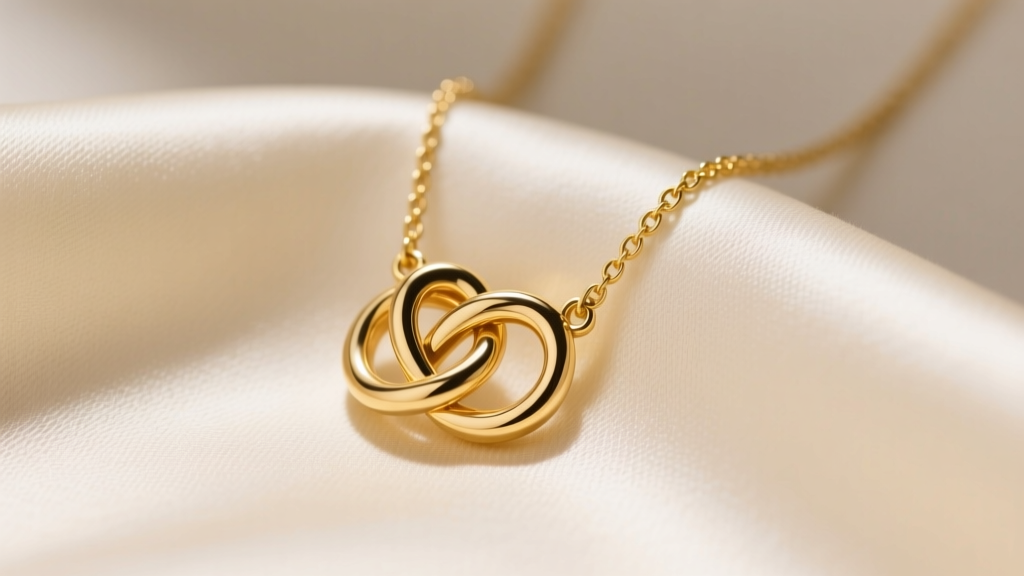 Close-up of a solid 14k yellow gold intertwined necklace featuring a delicate lovers knot pendant resting on cream silk fabric