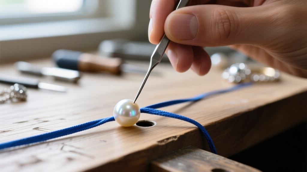 Macro shot of a jeweler threading blue silk cord through a pearl drill hole using a fine needle on a wood workbench, bright light.