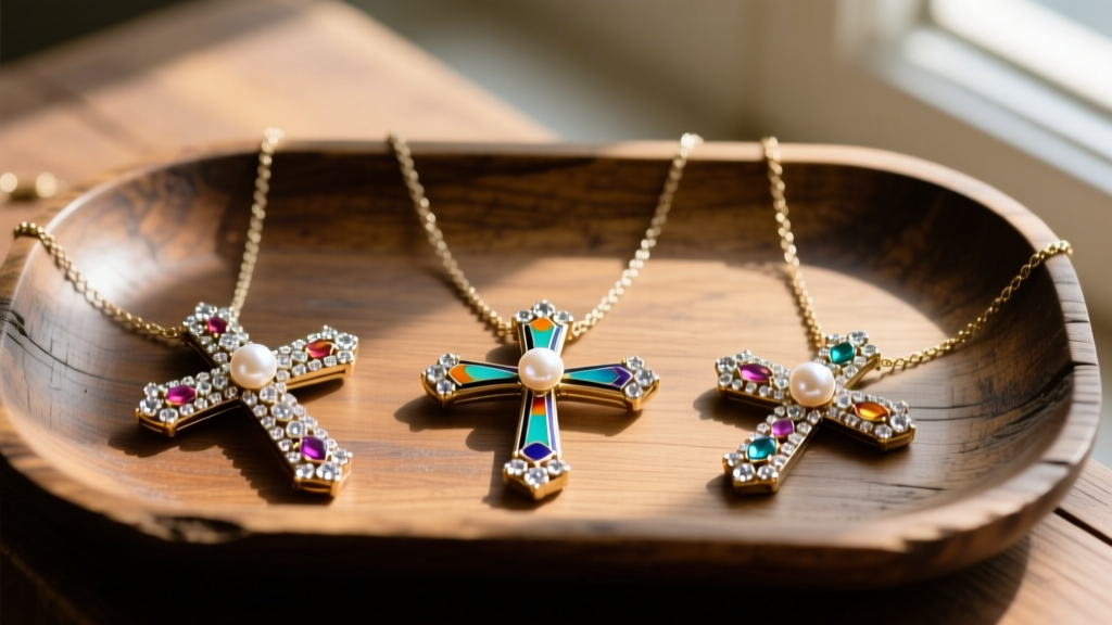 Three vintage Avon cross necklaces with rhinestone, enamel, and pearl details displayed neatly on a rustic wooden collector tray.
