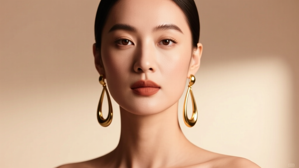Woman with a square jawline wearing long curved gold teardrop earrings, soft studio lighting against a warm and neutral background
