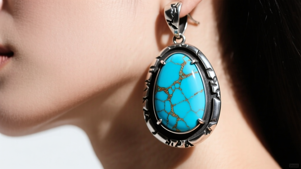 Close-up of heavy drop earrings with matrix-rich blue turquoise set in thick oxidized sterling silver bezels on a model.