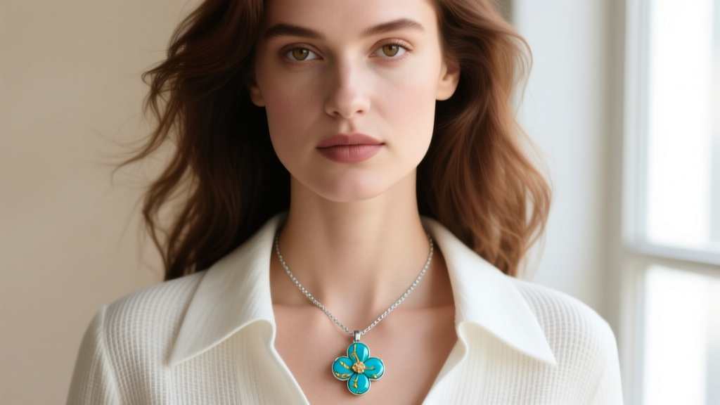 Close-up of woman wearing delicate squash blossom turquoise pendant on thin silver chain, paired with crisp white linen collar
