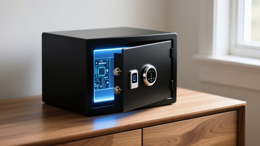 Sleek matte-black smart jewelry vault with a digital biometric lock and LED interior lighting resting on a minimalist oak dresser.