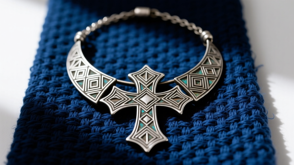 Oxidized sterling silver Tuareg cross necklace on indigo fabric, highlighting intricate geometric engravings and sharp details