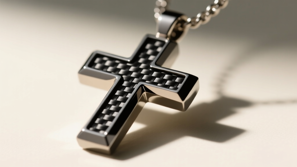 Macro shot of a tungsten cross necklace with carbon fiber inlay, showing the dark metal grain and highly polished beveled edges.
