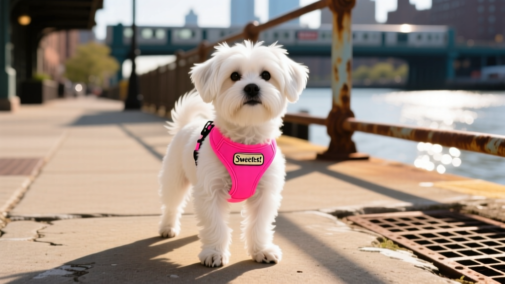 Tiny white Maltese-Shih Tzu mix standing confidently on a sunny city sidewalk, wearing a neon pink harness