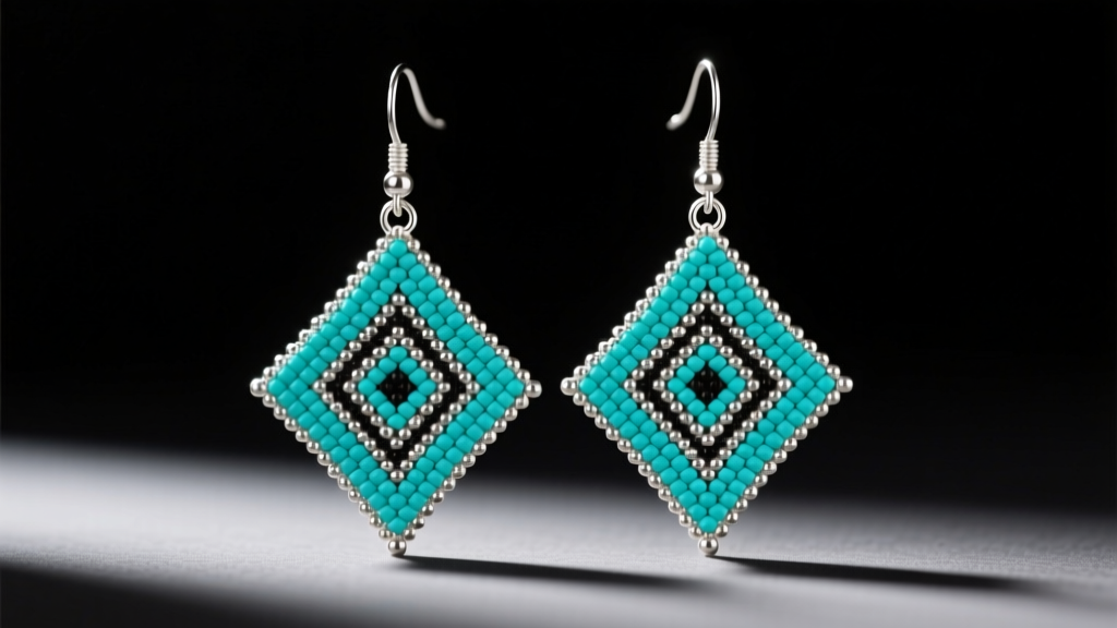 Close-up of Native American seed bead loom earrings with geometric turquoise patterns on sterling silver against a dark backdrop