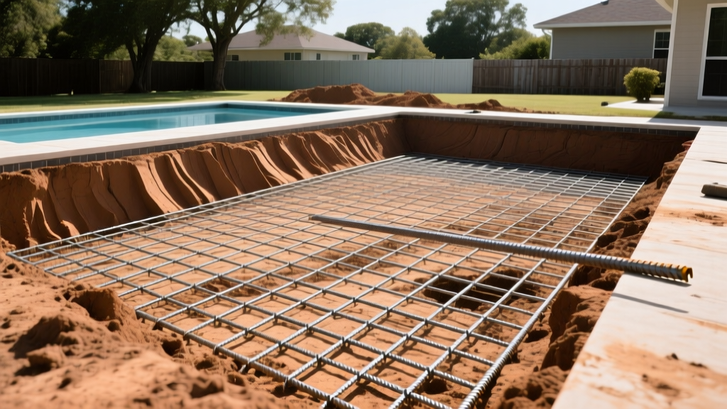 Backyard excavation in Houston showing steel rebar grid and expansive clay soil being prepared for a custom gunite swimming pool