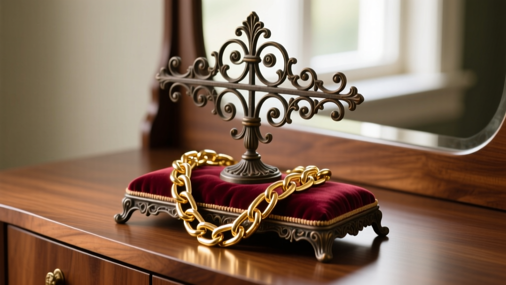 Ornate Victorian cast iron jewelry stand with faded burgundy velvet padding, displaying a heavy gold link chain on a vanity table