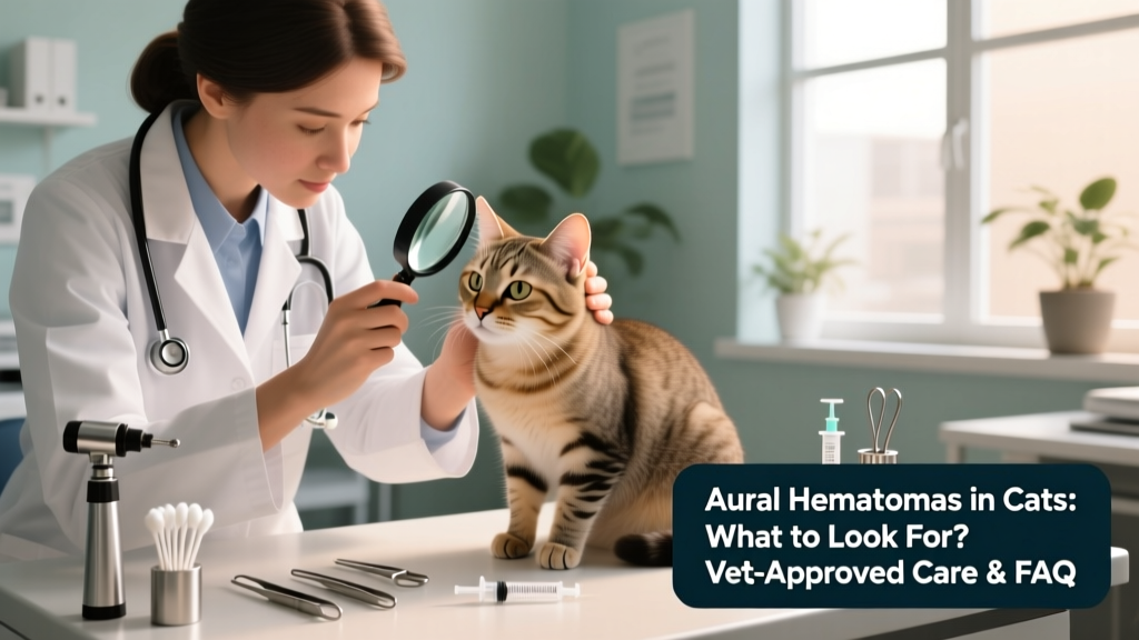 Veterinarian gently examining a cat's ear during a clinical exam, with tools visible nearby