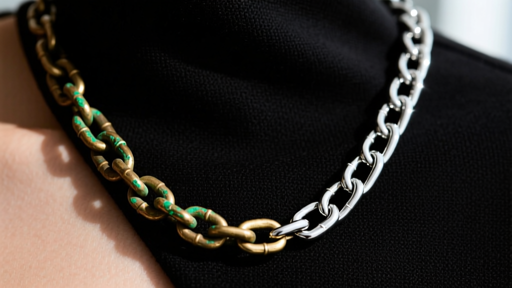 Side profile of tarnished brass chain leaving a green mark on skin, next to a pristine 316L stainless steel chain on dark fabric