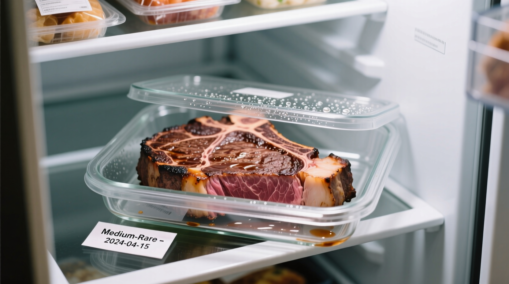 Cooked steak properly stored in air-tight container in refrigerator