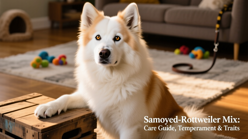 A close-up portrait of a Samoyed Rottweiler Mix with bright eyes, a clean white-and-tan coat, and a relaxed, confident expression