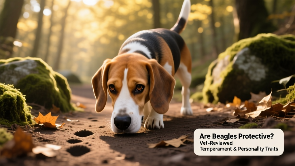 A Beagle mid-bay on a forest trail, nose to the ground, focused and alert