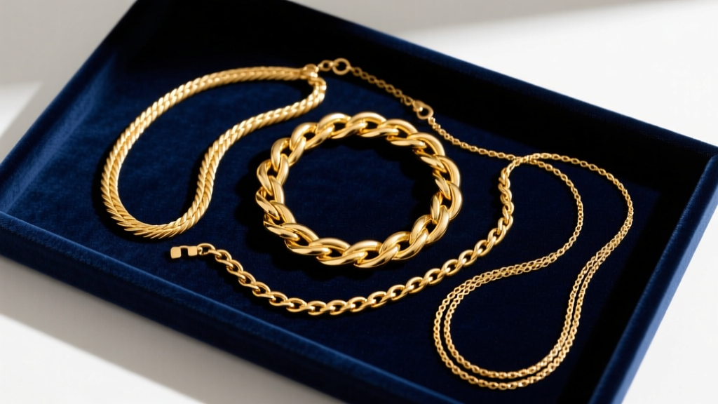 Overhead flat lay of three gold necklaces in varying chain lengths necklace styles tangled on a dark velvet display tray