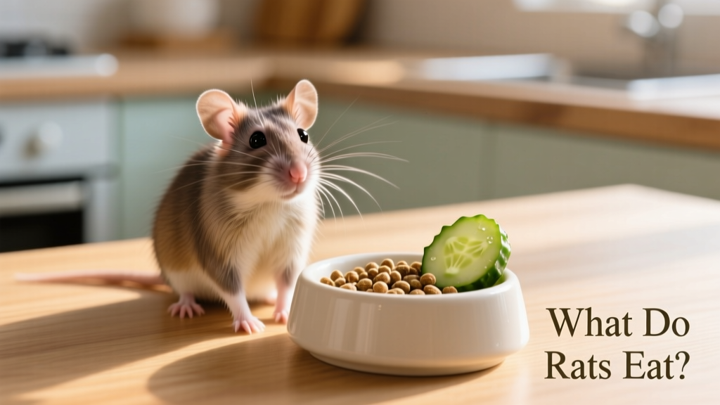 A curious pet rat sitting beside a clean food dish with pellets and a small piece of cucumber
