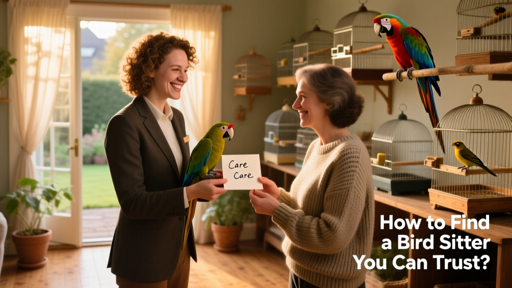 A confident bird owner smiling as they hand over care instructions to a warm, attentive sitter