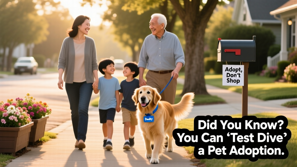 A family smiling while walking a calm, friendly dog on a neighborhood street