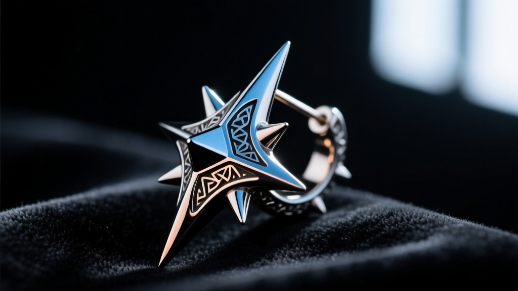 Close-up of a heavy gothic spiked Ryuk earring crafted from polished titanium, resting on black velvet under dramatic lighting.