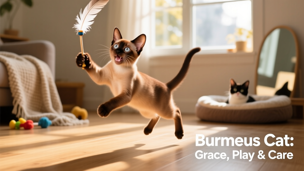 A joyful Burmese kitten batting at a feather wand toy, mid-leap, capturing its agility and playful spirit