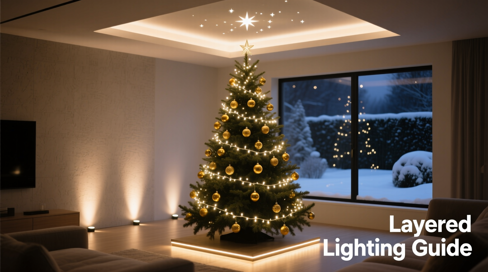 how to layer ambient and accent lighting around a christmas tree