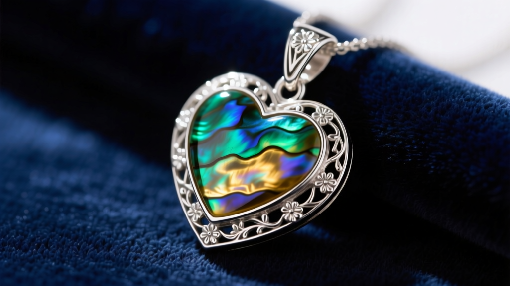 Close-up of a 30mm heart of Te Fiti pendant with iridescent paua shell set in a sterling silver bezel on dark velvet.
