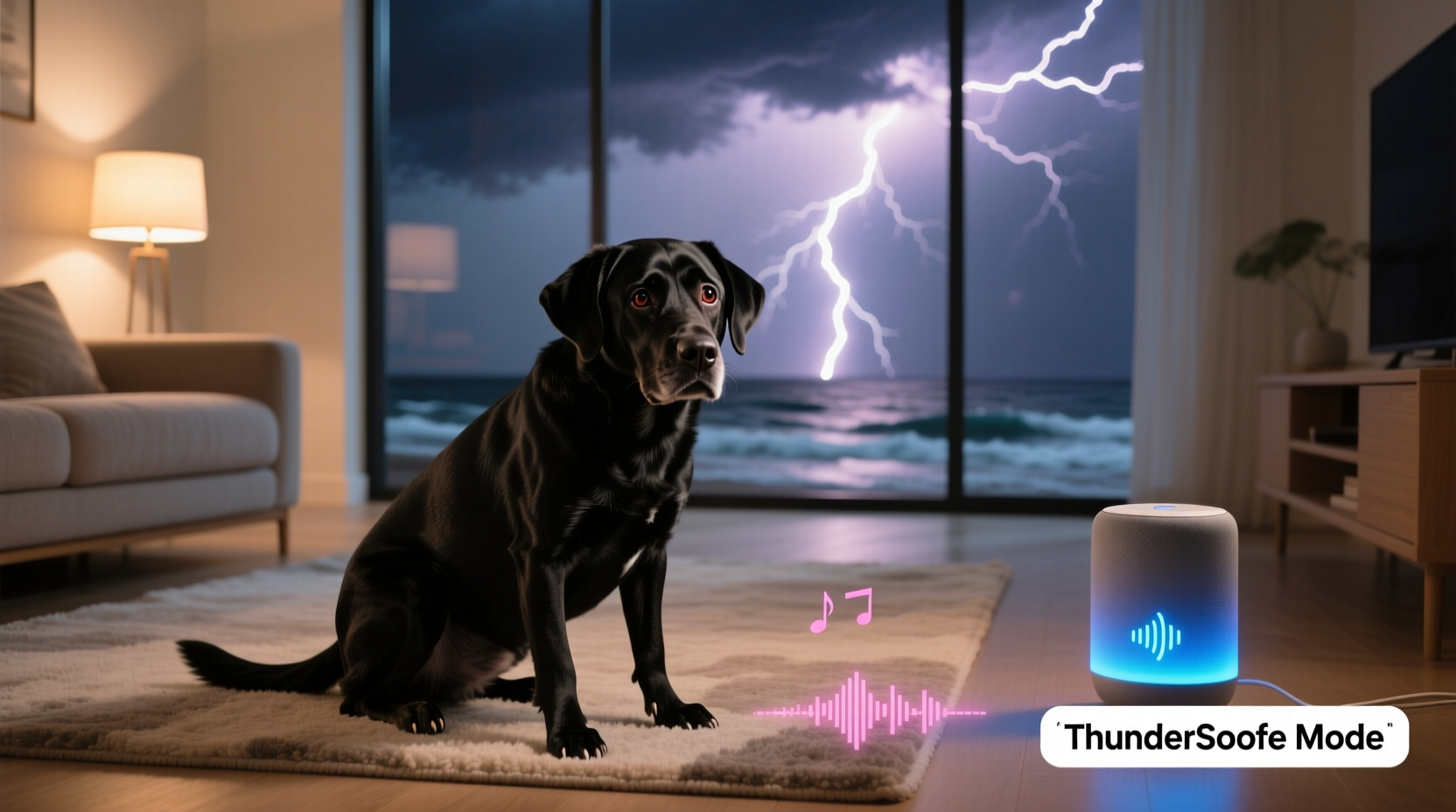 how to calm a thunderstorm anxious dog with sound masking techniques