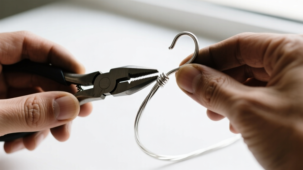 Close-up of artisan hands using nylon-jaw pliers to shape 20-gauge half-hard sterling silver wire into an elegant ear hook.