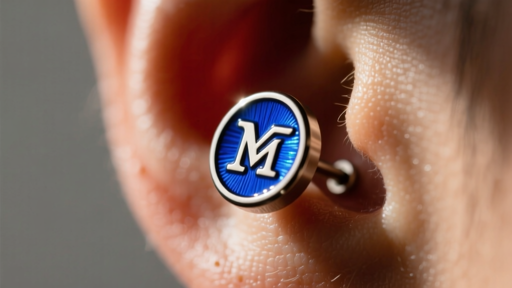 Macro shot of a 16-gauge titanium flat back stud with a tiny enamel logo in the upper helix cartilage, sharp focus, moody lighting