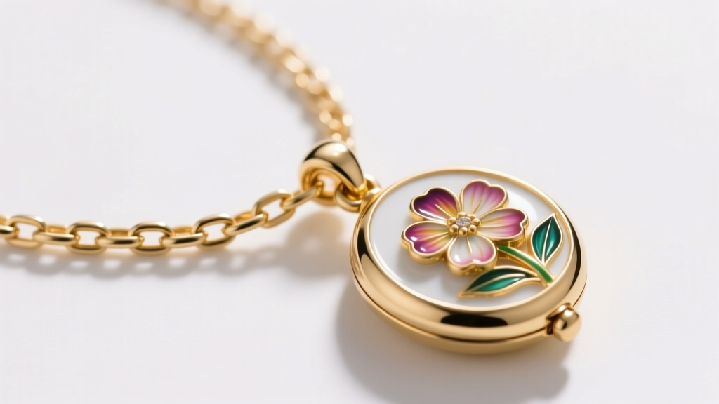 Macro shot of 14k gold 4mm figaro chain clasp connecting to floral enamel portrait locket with 6mm bail, bright studio lighting.