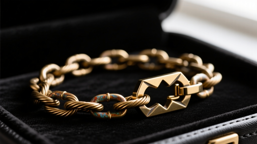 Macro photography of an 18-gauge oxidized brass cable chain connecting to a custom lobster clasp on a dark leather background.