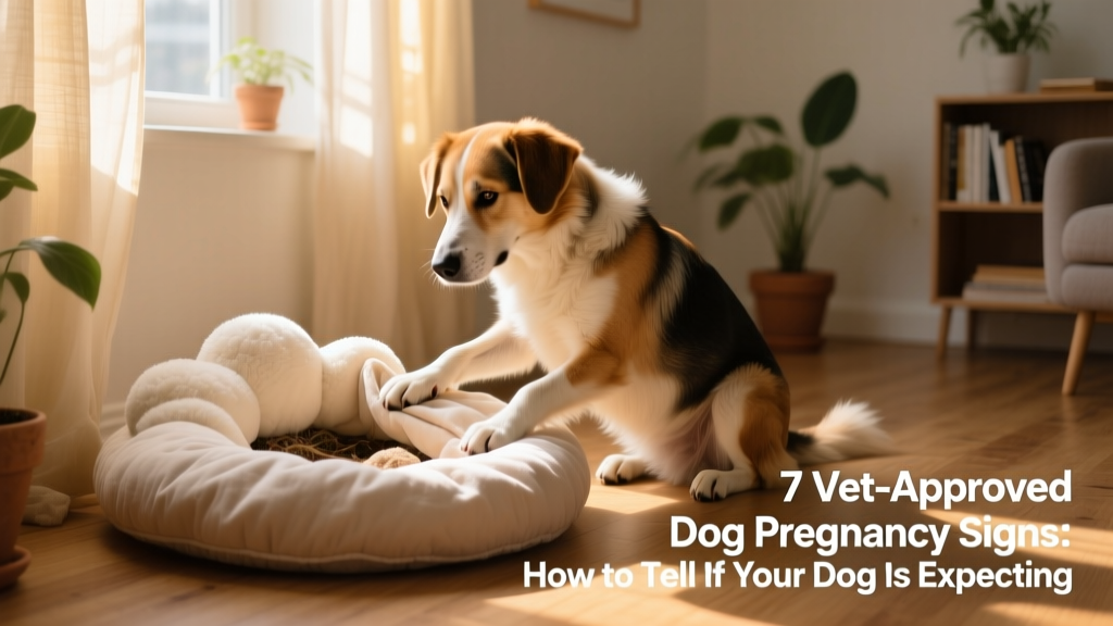 Dog gently arranging soft bedding in a quiet corner, demonstrating early nesting behavior