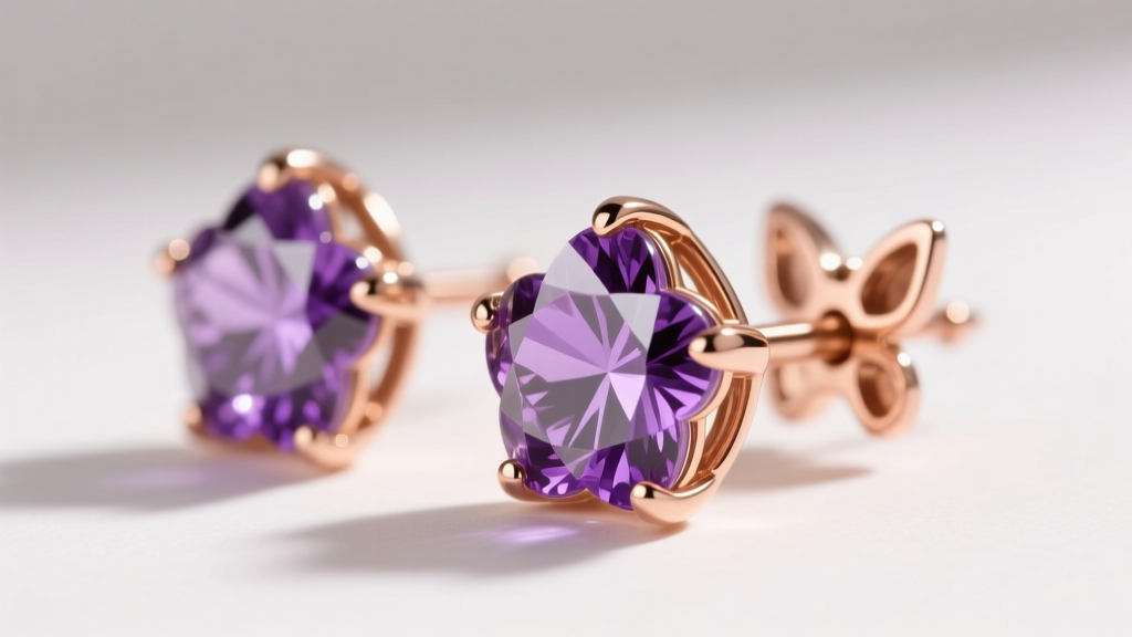 Side profile view of prong-set flower amethyst earrings in rose gold, showing the post thickness and butterfly backing mechanism.