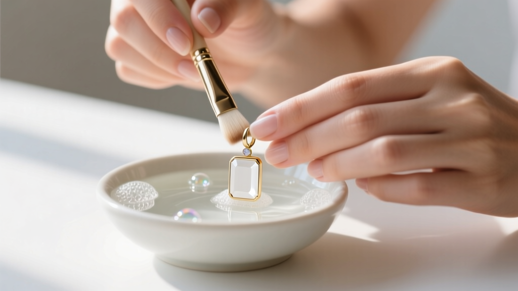 Hands using a soft brush to gently clean a white gold rectangle stone drop earring in a small bowl of mild soapy water