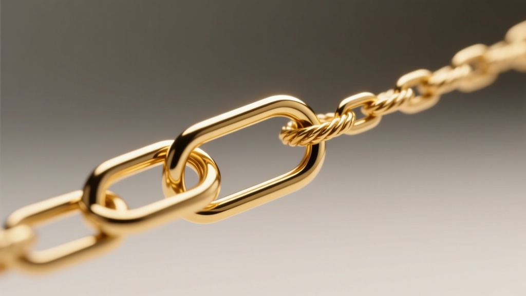 Macro photo of a 14k gold paperclip chain link catching on a rope chain, showing the friction point under bright studio lighting