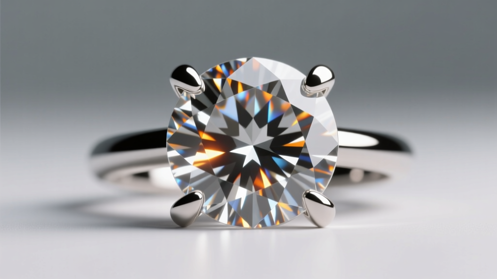 Macro shot of a round diamond in a four-prong platinum setting, showing crisp light return and fire against a neutral gray backdrop
