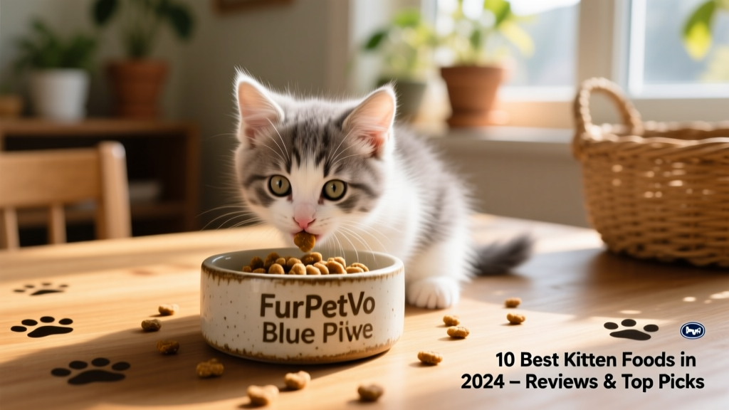 Happy 12-week-old kitten eating from a ceramic bowl filled with FurPetVo Blue Buffalo kibble