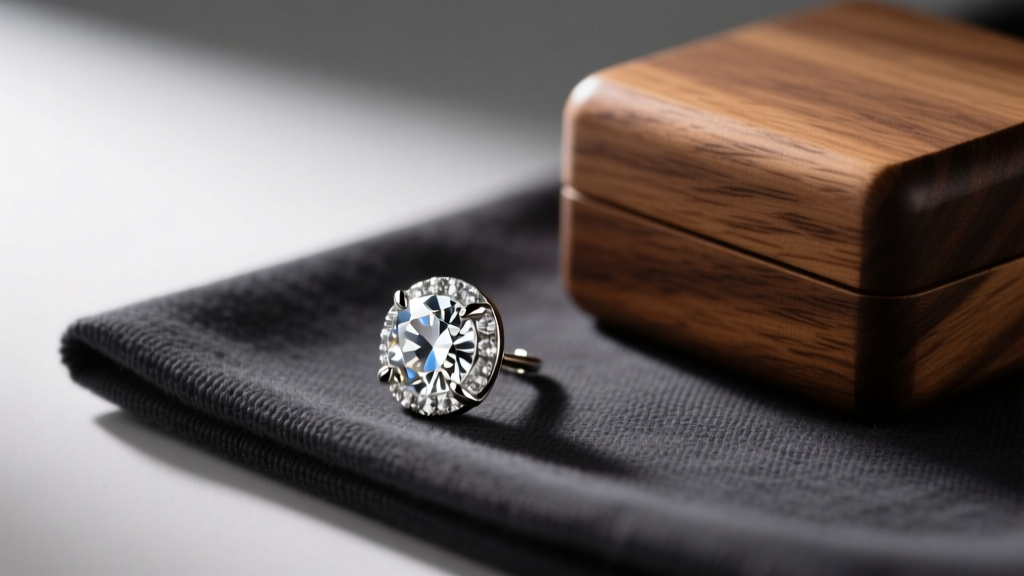 Diamond bezel earring on a dark microfiber cloth next to a wooden box, lit by bright diffused studio lighting from the left side.