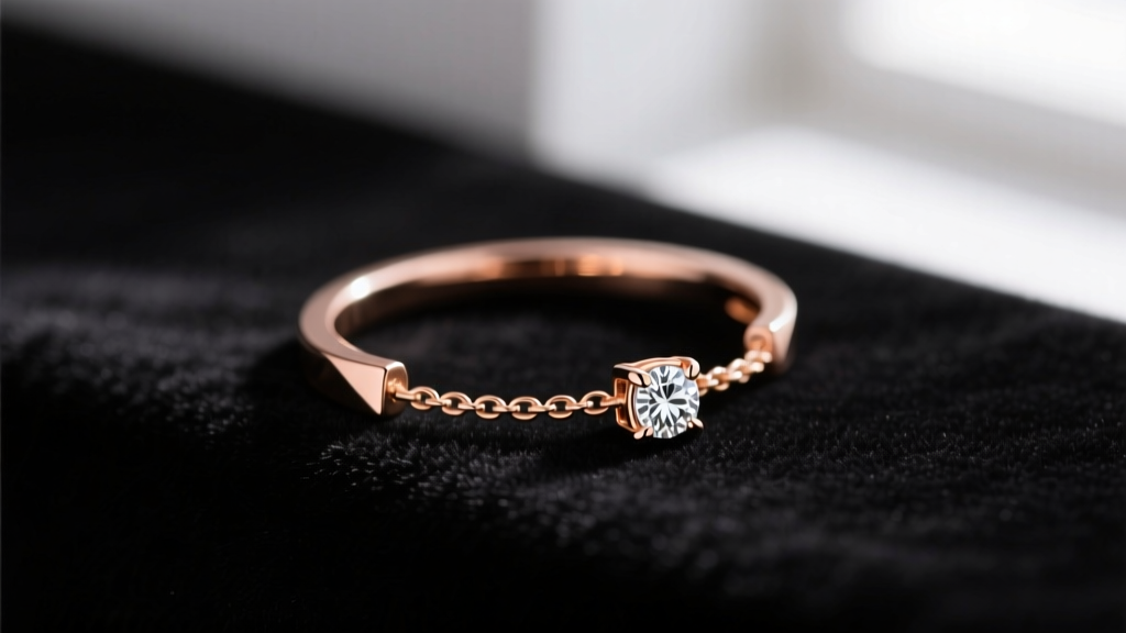 Macro shot of a minimalist 14k rose gold ear cuff connected by a fine chain to a diamond lobe stud, resting on dark black velvet