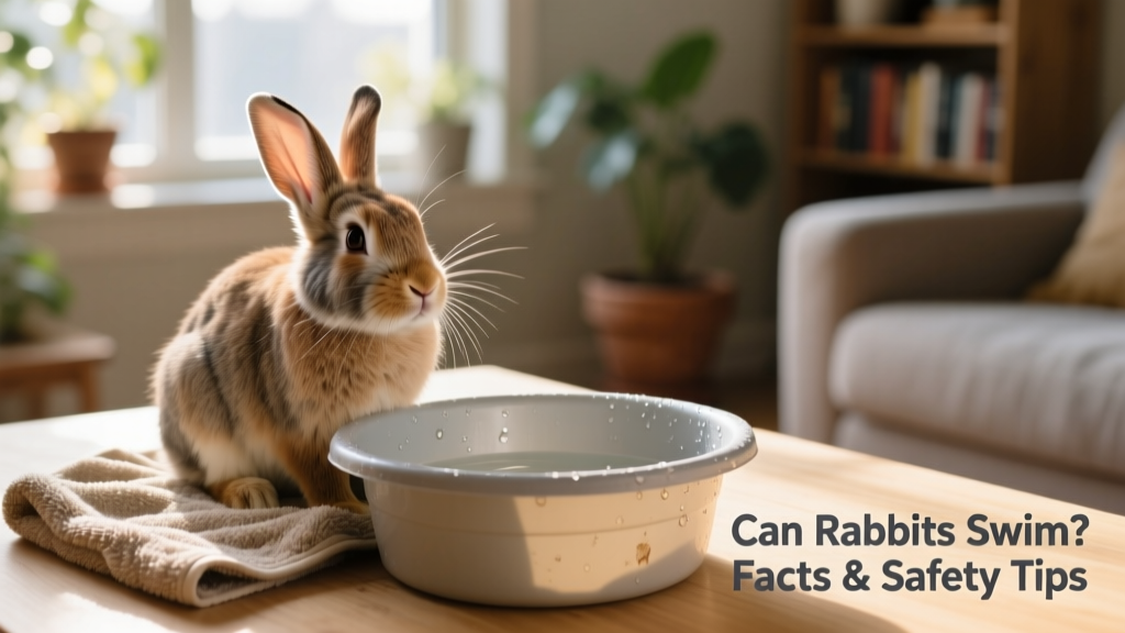 Domestic rabbit sitting calmly on a dry towel beside a shallow, empty plastic tub