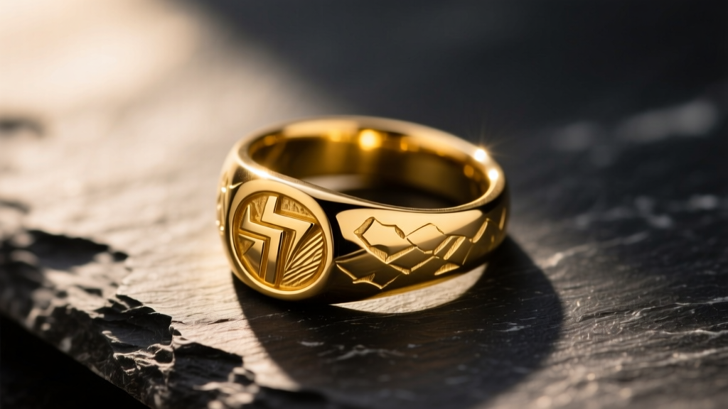 Close-up of a hammered 14k recycled yellow gold signet ring resting on raw dark slate, illuminated by warm directional sunlight.